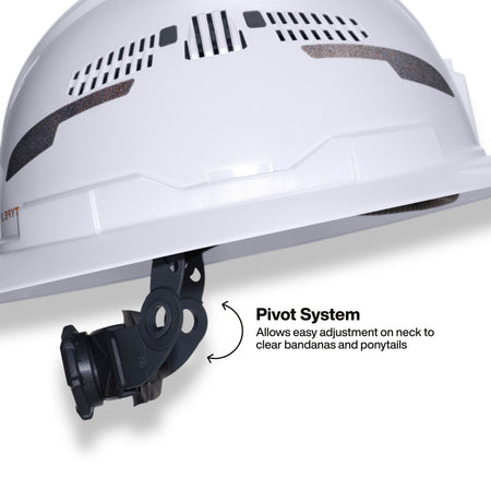 White hard hat with a black adjustable chin strap and text callout explaining the pivot system.