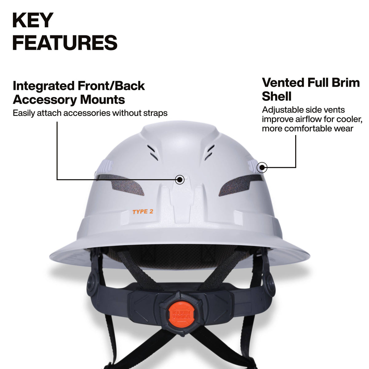 White hard hat with black chin strap and black text callouts explaining key features, including integrated front/back accessory mounts and a vented full brim shell.