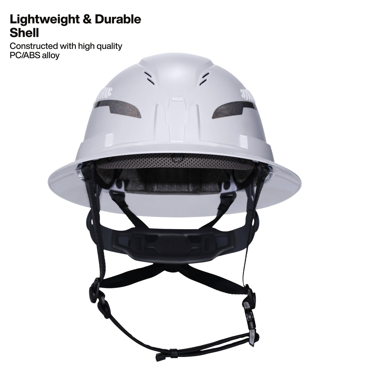 A white hard hat with a black adjustable chin strap and interior padding, shown on a plain white background with marketing text in the upper left.