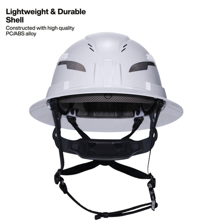 A white hard hat with a black adjustable chin strap and interior padding, shown on a plain white background with marketing text in the upper left.