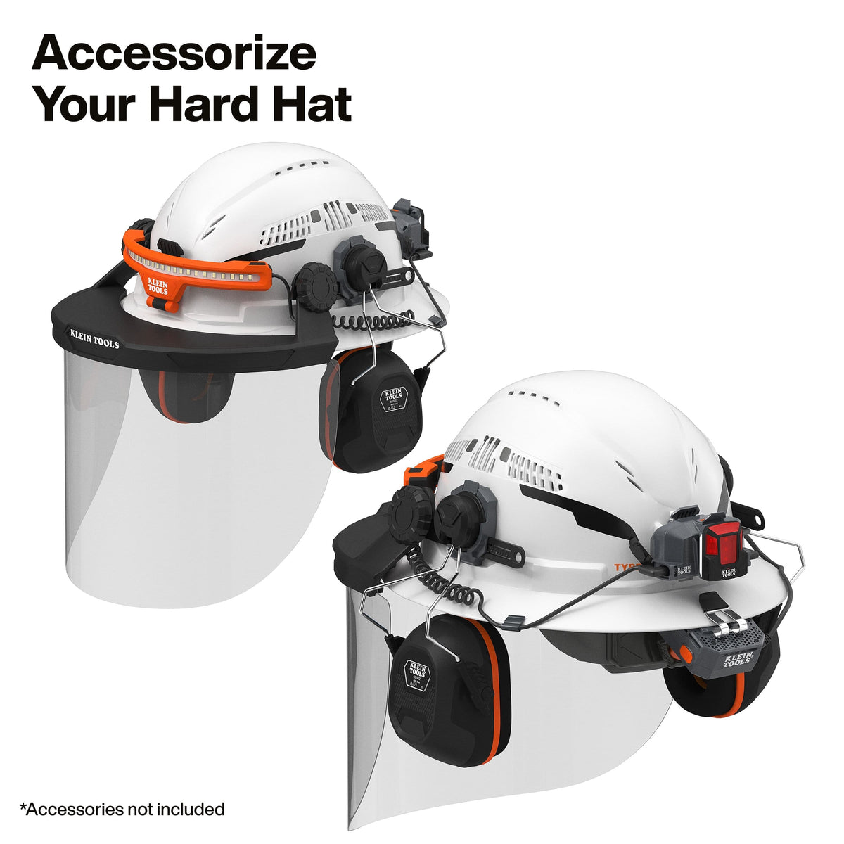 Two white hard hats with attached clear face shields and black safety accessories, shown on a white background with the text 'Accessorize Your Hard Hat' and '*Accessories not included'.