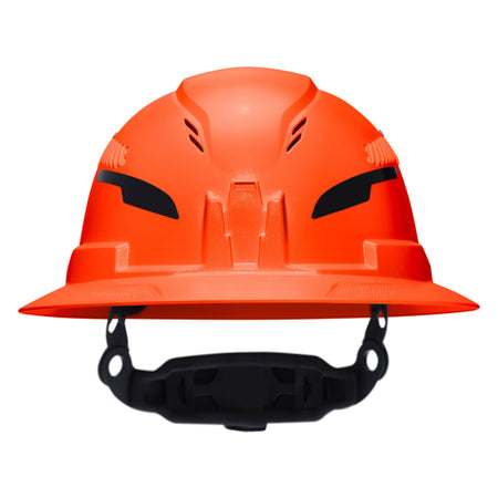 Bright orange hard hat with a black chin strap, shown from the front on a plain white background.