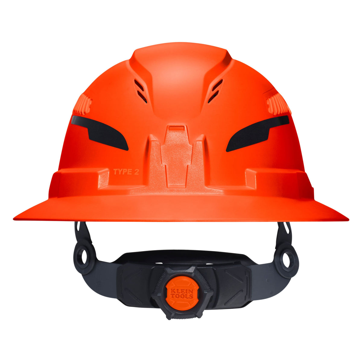 An orange hard hat with a black chin strap and a central orange adjustment dial, shown against a plain white background.