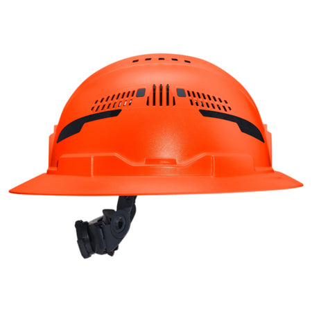 Bright orange hard hat with black ventilation grilles and a black chin strap, shown on a plain white background.