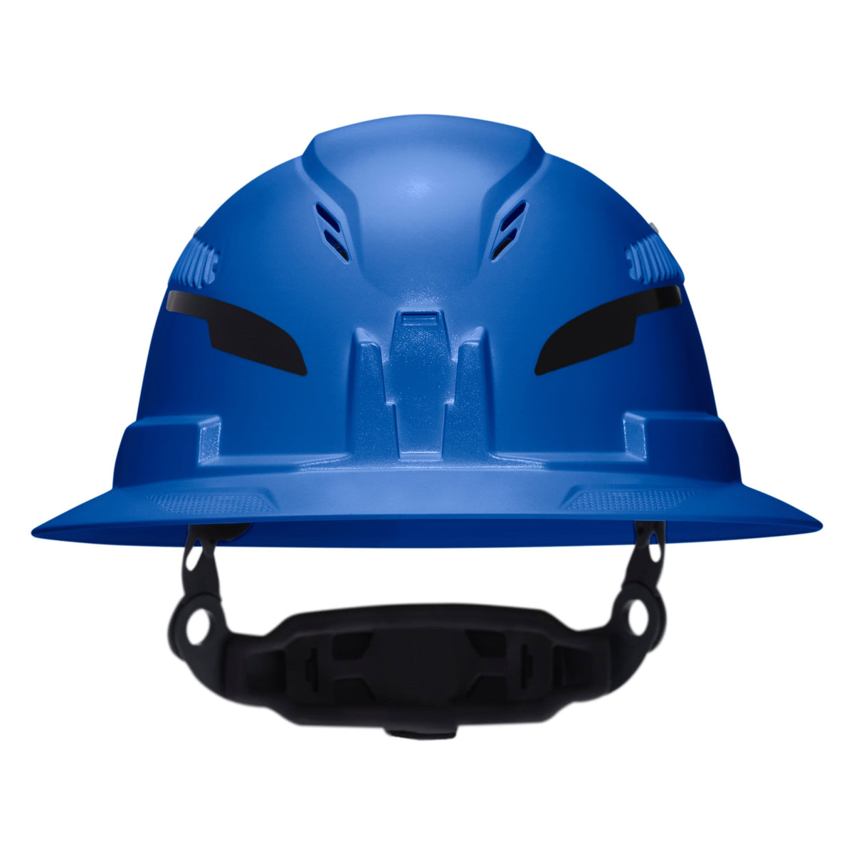 A blue hard hat with a black chin strap, shown from the front on a plain white background.