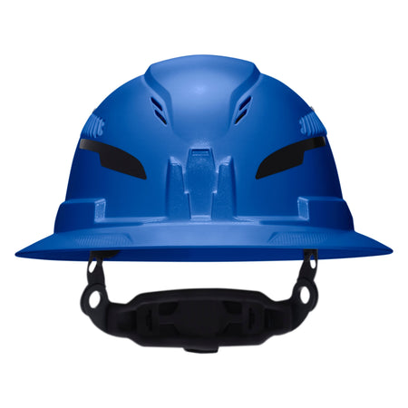 A blue hard hat with a black chin strap, shown from the front on a plain white background.