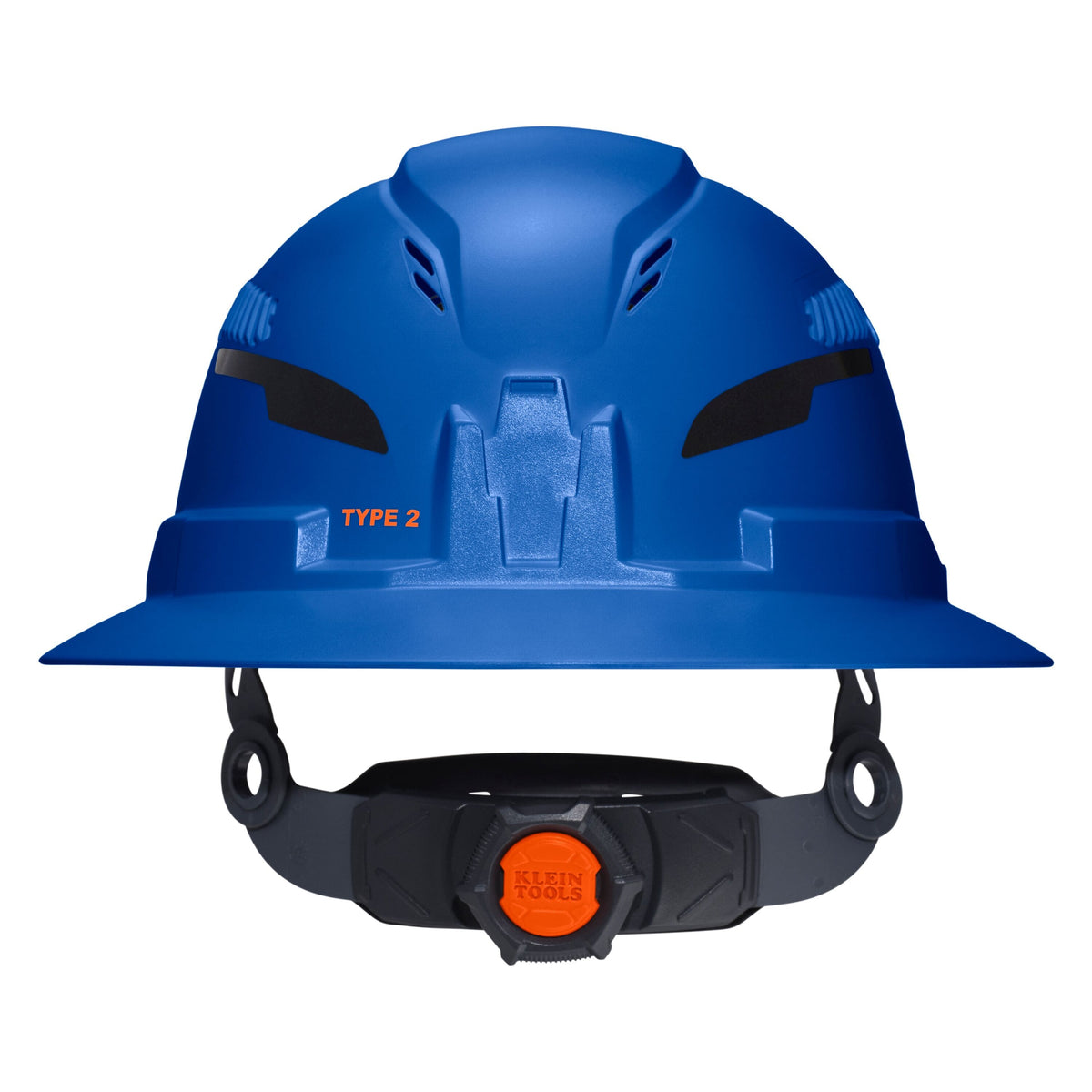 A blue hard hat with a black chin strap and an orange dial, shown against a plain white background. The hard hat has molded ventilation slots and the text 'TYPE 2' printed on the side.