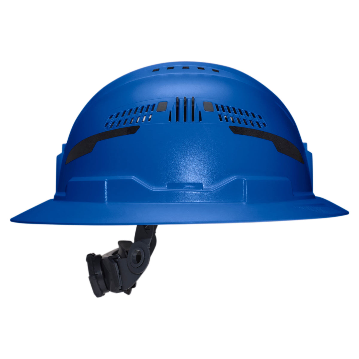 A blue hard hat with a black chin strap and ventilation slots, shown from a side profile on a white background.