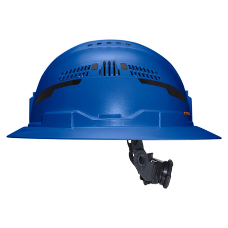 A blue hard hat with a black chin strap and mounting bracket, shown from a side profile on a white background.