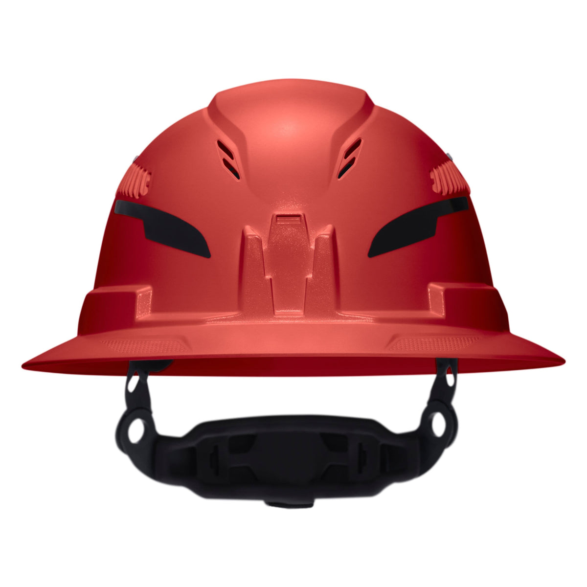 A red hard hat with a black chin strap, shown from the front against a plain white background.