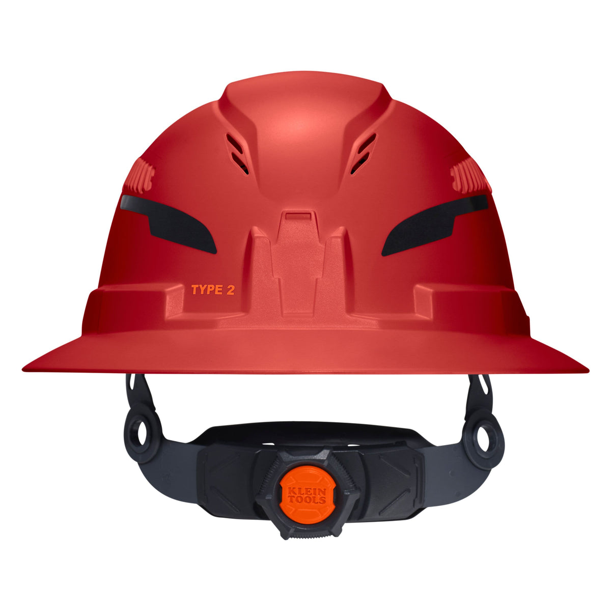 A red hard hat with a black adjustable chin strap and an orange dial, shown against a plain white background. The hard hat has 'TYPE 2' printed on the side.
