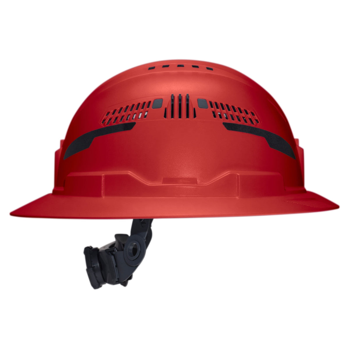 A red hard hat with a black chin strap and ventilation slots, shown from a side profile on a white background.