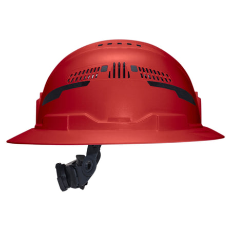 A red hard hat with a black chin strap and ventilation slots, shown from a side profile on a white background.