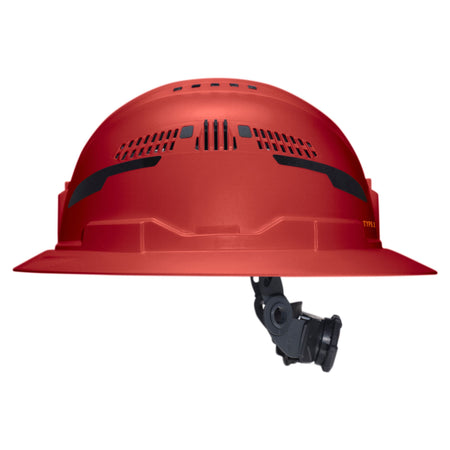 A red hard hat with a wide brim, featuring black ventilation slots on the crown and a black chin strap attachment below, shown against a plain white background.