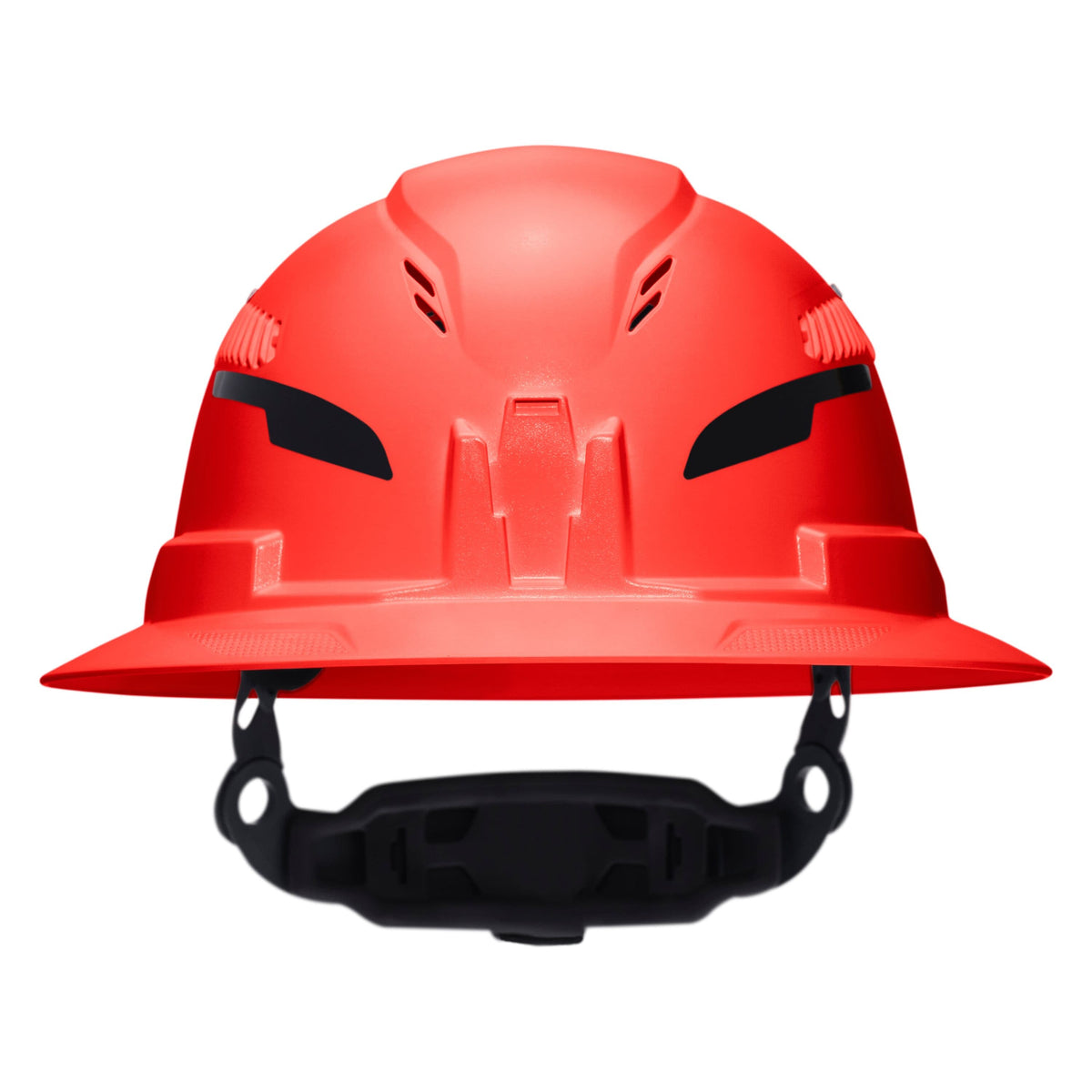 A bright red construction hard hat with a black chin strap, shown from a front-facing perspective on a solid white background.