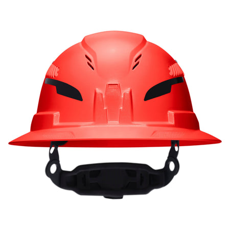 A bright red construction hard hat with a black chin strap, shown from a front-facing perspective on a solid white background.