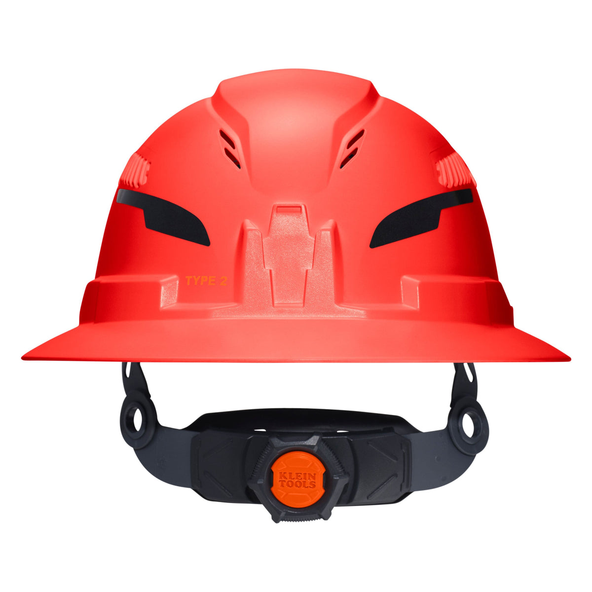 A bright red hard hat with a black adjustable chin strap and an orange dial on the front, shown against a plain white background.