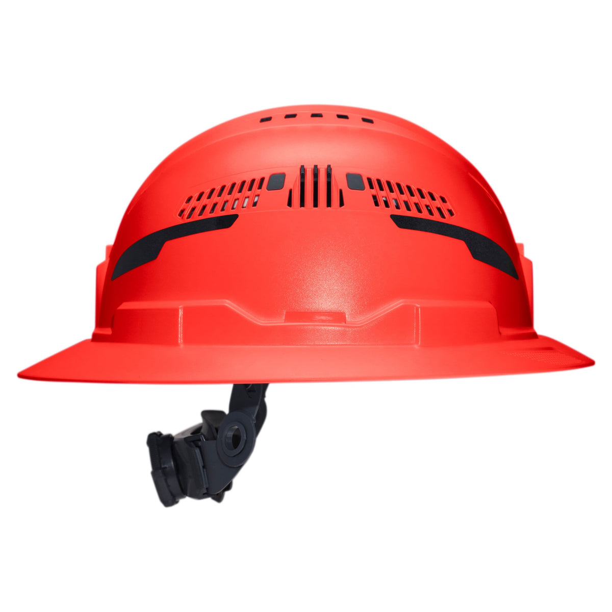 A bright red hard hat with black ventilation slots and a black chin strap, shown from a side profile on a white background.