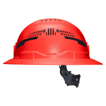 A bright red hard hat with a wide brim and black ventilation slots, shown from the side against a plain white background.