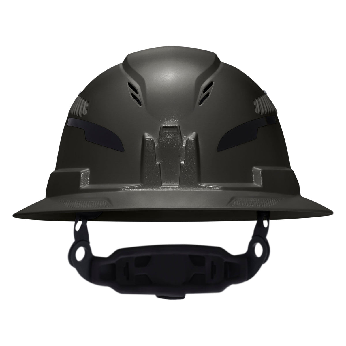 A dark gray hard hat with a black chin strap, shown from a front-facing perspective on a solid white background.