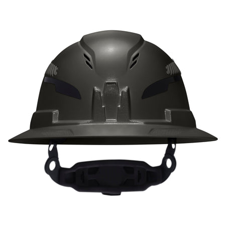 A dark gray hard hat with a black chin strap, shown from a front-facing perspective on a solid white background.