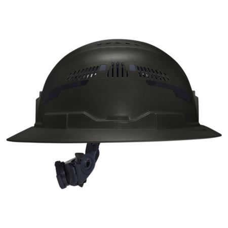A matte black hard hat with a wide brim and an attached dark blue-black chin strap, shown from a side profile on a solid white background.