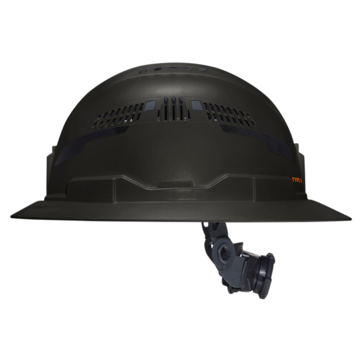 A matte black hard hat with a wide brim and an attached black chin strap, shown from a side profile on a solid white background.