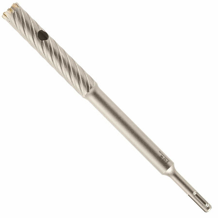 This image features a short, stout drill bit, primarily silver-gray in color. The upper, wider section has deep, spiraling flutes and a dark, circular hole on one side, while the lower section is a narrower, smooth shaft ending in a textured, four-grooved shank.