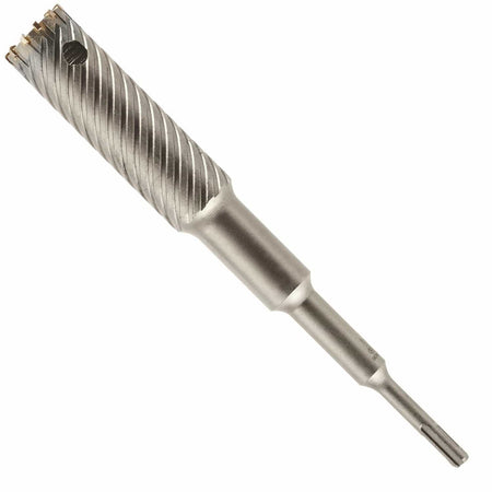This image features a metallic-gray drill bit with a distinct, short, and stout form factor. The upper part of the bit has prominent spiral flutes and a dark, circular hole, while the lower part transitions into a much narrower, smooth shank that ends in a four-grooved fitting.