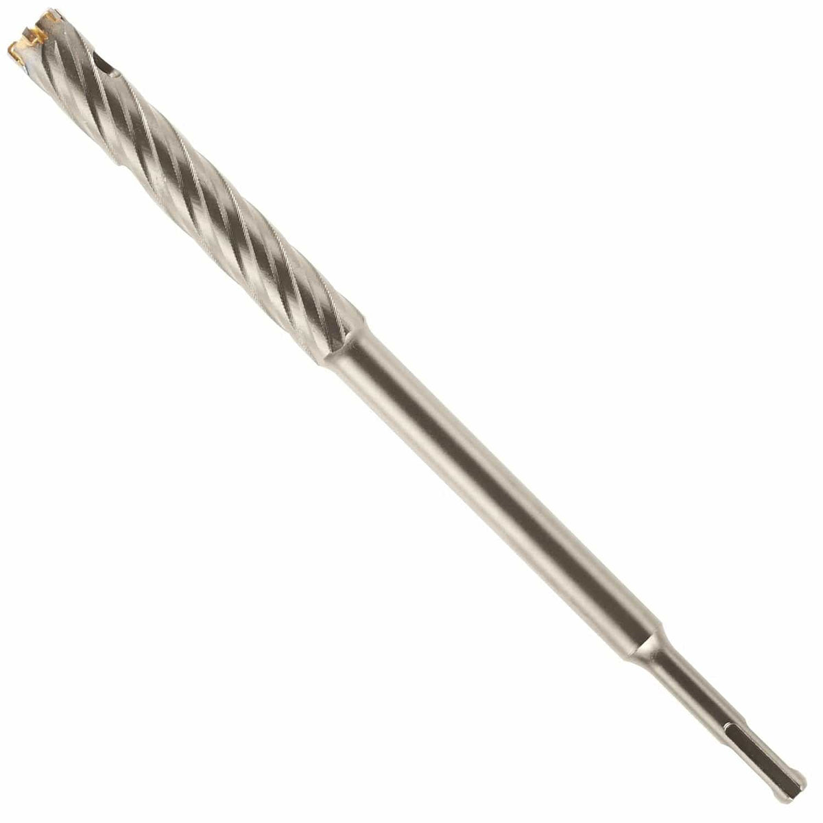This is a long, silver metal drill bit designed for heavy-duty drilling in materials like concrete. The top portion of the shaft has tight, spiraling grooves, while the cutting tip is hollow with several sharp, durable teeth around its circular edge.