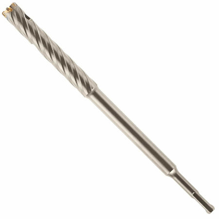 This is a long, silver metal drill bit designed for heavy-duty drilling in materials like concrete. The top portion of the shaft has tight, spiraling grooves, while the cutting tip is hollow with several sharp, durable teeth around its circular edge.