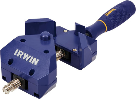  This image shows an Irwin Quick-Grip 90-Degree Corner Clamp. You can see the blue clamp body designed to hold two pieces together at a right angle, the screw mechanisms for adjusting the clamping pressure on each side, and the blue and yellow handle with the "IRWIN" branding.

