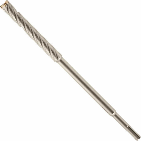 This image shows a close-up of a long, silver-colored drill bit. The top portion of the bit has prominent spiral flutes running along its length, while the lower part is a smooth, thinner shank, ending in a specialized fitting for a drill chuck.