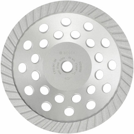  Flat metal disc, about the width of your outstretched hand, with a textured, slightly rough edge made of small, hard crystals arranged in a spiral pattern. This is a Bosch diamond cup wheel, designed to grind and smooth rough concrete and masonry surfaces when attached to a specialized power tool.