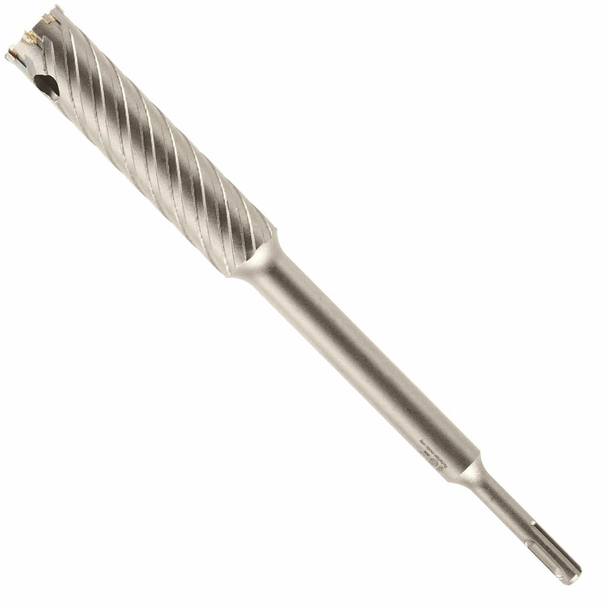 This image shows a robust, metallic-gray drill bit with a distinct design. The upper, wider section has deep, spiraling flutes and a dark, circular hole on one side, while the lower section is a narrower, smooth shaft ending in a textured, four-grooved shank at the very end.