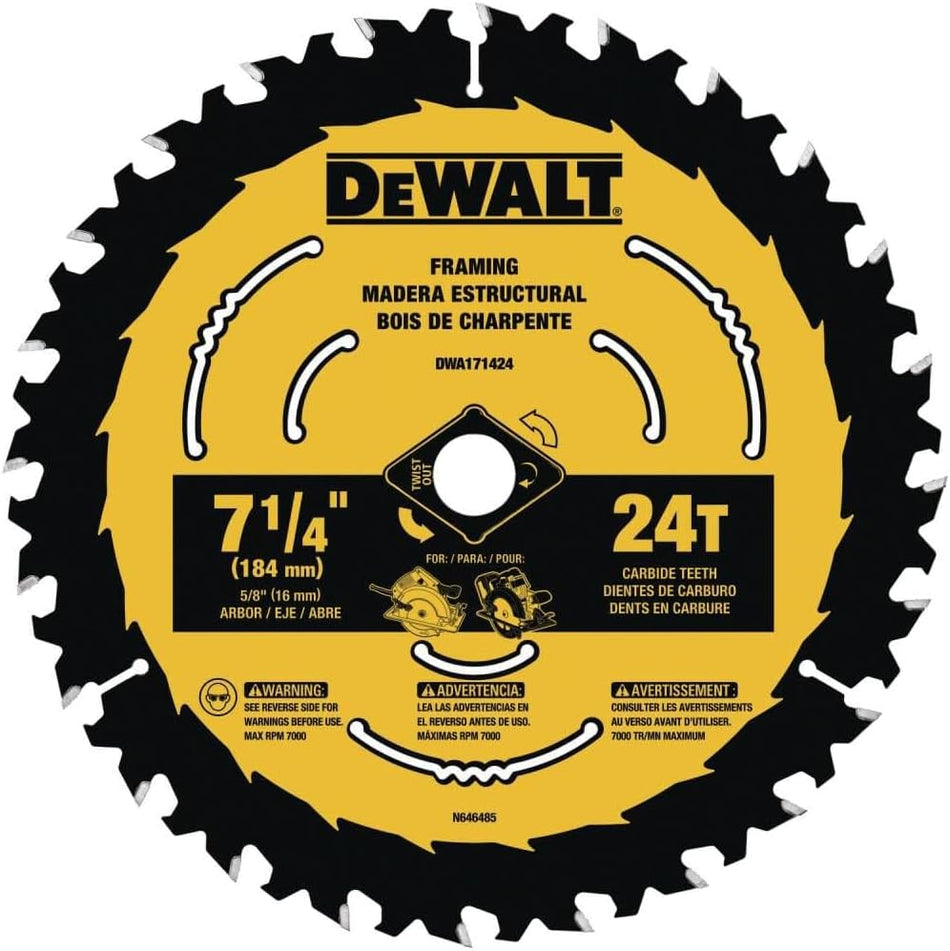 DeWalt 7-1/4" x 24T Framing Circular Saw Blade with carbide teeth and ToughCoat anti-stick coating for wood cutting.