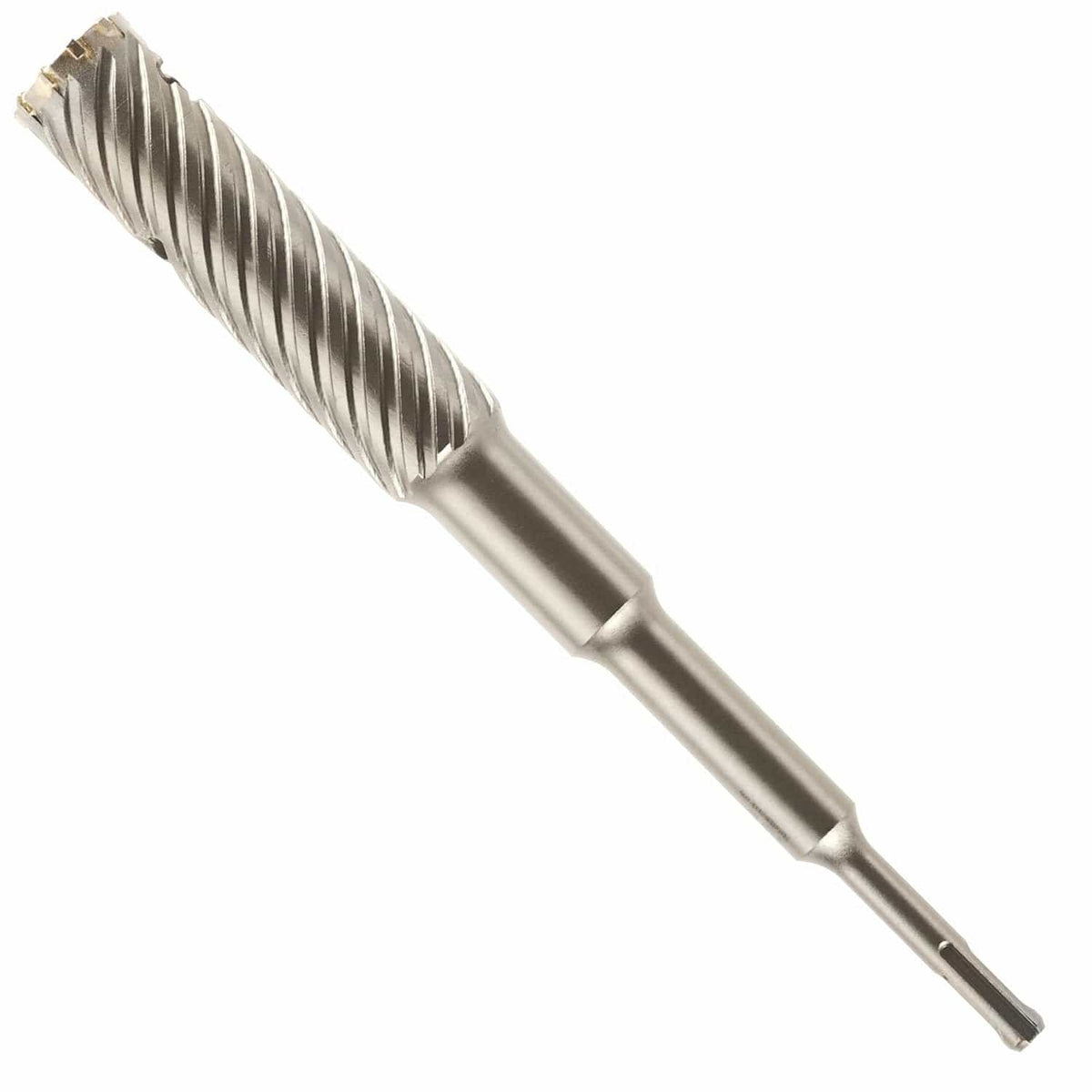 This image displays a short, sturdy drill bit, colored in a metallic gray, with a clear focus on its design. The top section is wider and features pronounced spiral flutes along with a circular dark hole, while the bottom section is a significantly narrower, smooth cylindrical shank that terminates in a four-grooved fitting.
