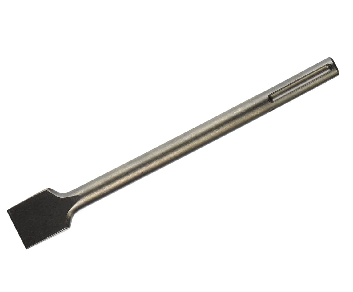 This image shows a single, dark gray flat chisel bit lying horizontally, with a broad, flat working end on the left and a narrower, grooved shank on the right for tool attachment. The body of the chisel is uniform in thickness, with a subtle taper near the working end.