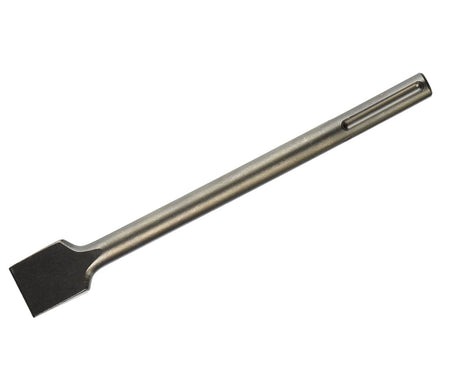 This image shows a single, dark gray flat chisel bit lying horizontally, with a broad, flat working end on the left and a narrower, grooved shank on the right for tool attachment. The body of the chisel is uniform in thickness, with a subtle taper near the working end.