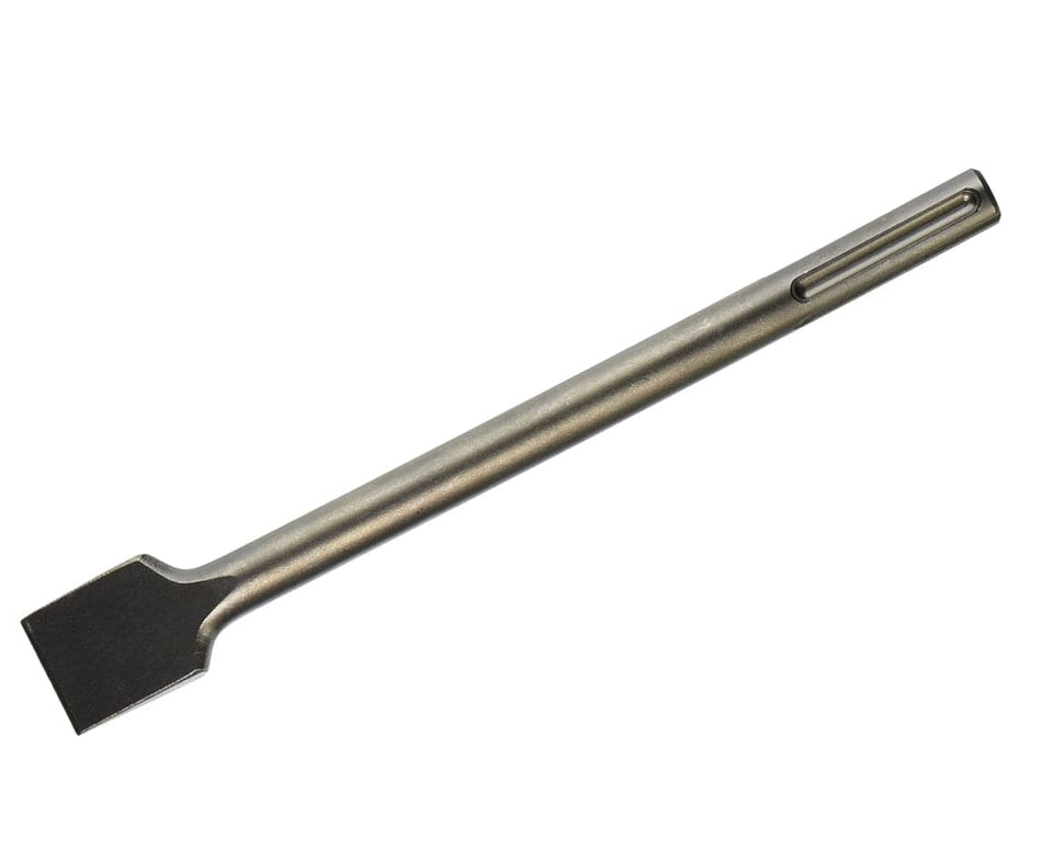 This image shows a single, dark gray flat chisel bit lying horizontally, with a broad, flat working end on the left and a narrower, grooved shank on the right for tool attachment. The body of the chisel is uniform in thickness, with a subtle taper near the working end.