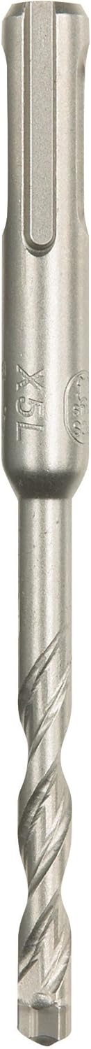 This is a straight-on, close-up shot of a single Bosch Bulldog Xtreme SDS-Plus Rotary Hammer drill bit, presented vertically against a white background. The drill bit is metallic gray, featuring a smooth, hexagonal top shaft, a narrower cylindrical middle section, and a spiral-fluted bottom that tapers to a chisel-like tip.
