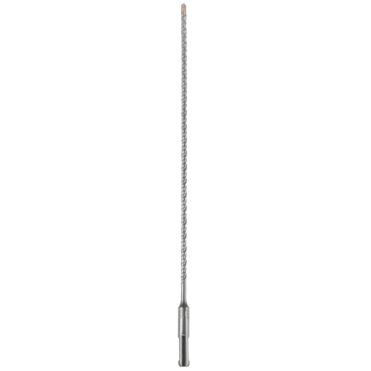 
This is a straight-on, full-length shot of a long, silver-colored Bosch Expert SDS Plus shank masonry drill bit, positioned vertically on a white background. The bit features a continuous spiral flute design along its shaft, ending in a distinct hammer drill-compatible shank at the bottom and a hardened carbide tip at the top.