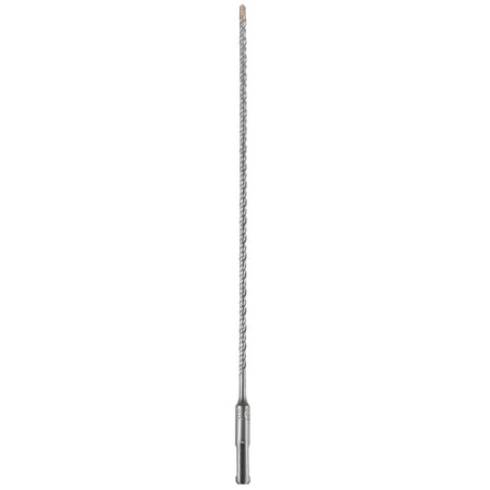 
This is a straight-on, full-length shot of a long, silver-colored Bosch Expert SDS Plus shank masonry drill bit, positioned vertically on a white background. The bit features a continuous spiral flute design along its shaft, ending in a distinct hammer drill-compatible shank at the bottom and a hardened carbide tip at the top.