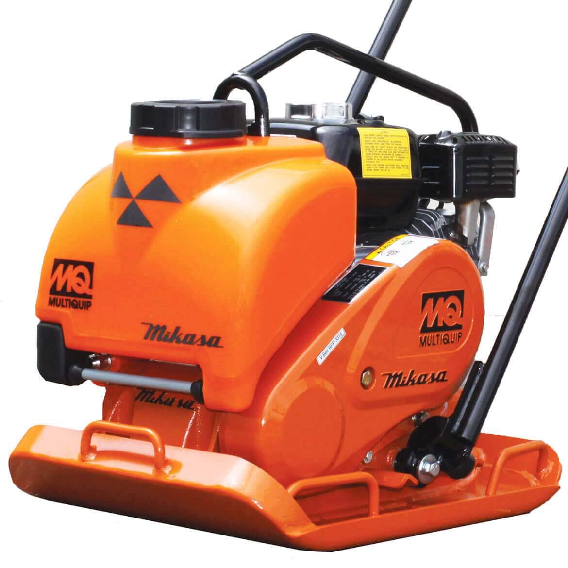  A closer view of what appears to be a Multiquip Mikasa plate compactor.
Imagine a heavy, flat metal base. On top of it, you'd feel a compact engine with various shapes and textures. A curved metal handle extends upwards from the engine, allowing you to push and steer. You might also feel some raised lettering or logos on the engine and other parts, indicating the brand "Multiquip Mikasa." The whole machine feels solid and designed to vibrate and compress surfaces.