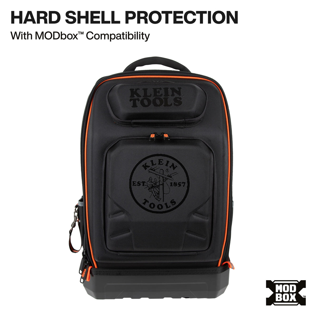 A black hard-shell backpack with orange piping and embossed branding, shown on a white background with text reading 'HARD SHELL PROTECTION With MODbox Compatibility' and an MODbox logo.