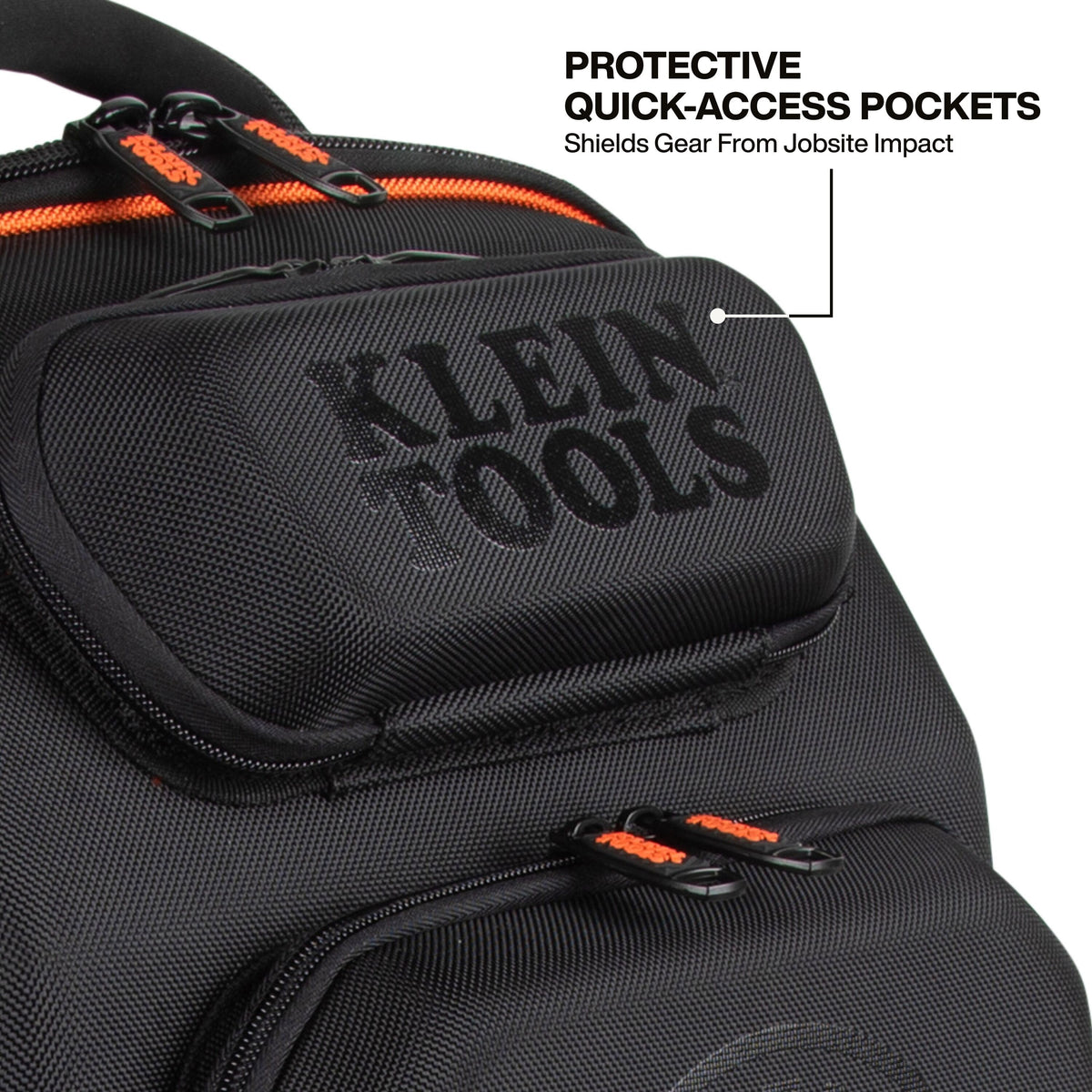 Close-up of a black Klein Tools backpack or gear bag with orange zipper pulls and a text callout reading 'PROTECTIVE QUICK-ACCESS POCKETS Shields Gear From Jobsite Impact.' The main visible product area is the front pocket with embossed Klein Tools branding.
