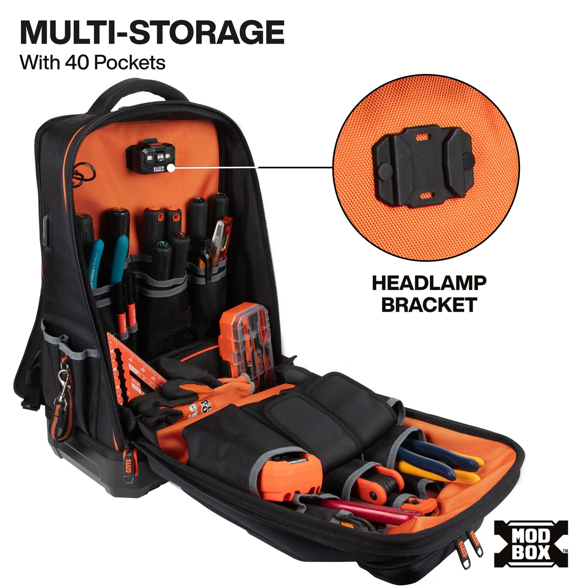 An open black and orange MOD BOX multi-storage tool backpack shown on a white background, with text reading 'MULTI-STORAGE With 40 Pockets' and a circular inset highlighting the headlamp bracket. The backpack is filled with various hand tools and accessories.