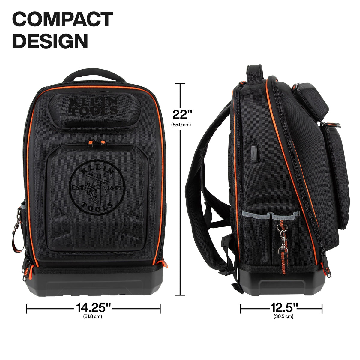 Compact design view of a Klein Tools backpack shown from the front and side, with dimension labels indicating 22 inches height and measurements of 14.25 inches width and 12.