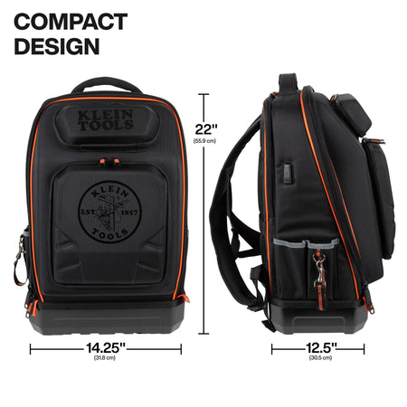 Compact design view of a Klein Tools backpack shown from the front and side, with dimension labels indicating 22 inches height and measurements of 14.25 inches width and 12.
