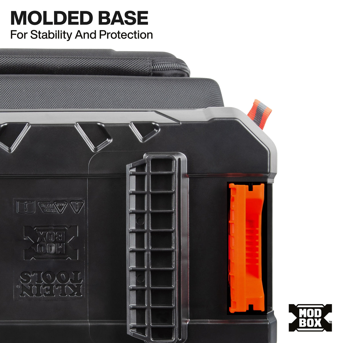 Close-up of a black molded hard case with gray trim and an orange side release mechanism, shown on a white background with the text 'MOLDED BASE For Stability And Protection' and an 'MOD BOX' logo.